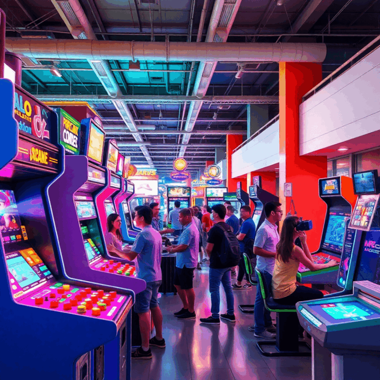 Vibrant arcade with retro machines and futuristic VR setups, lively crowd enjoying games in a bright indoor mall, capturing excitement and community.
