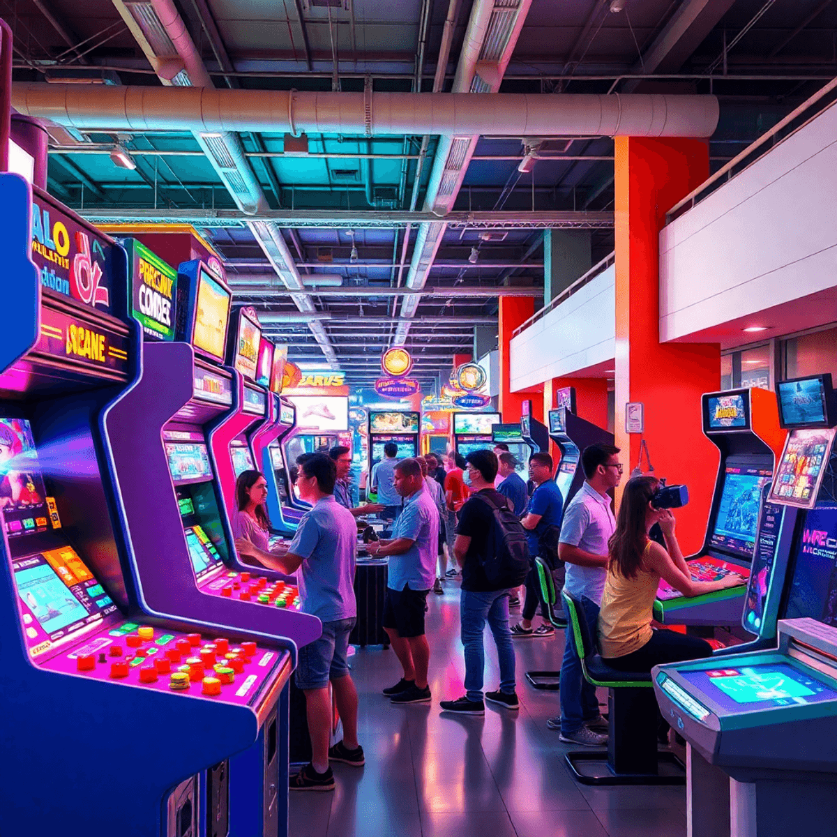 Vibrant arcade with retro machines and futuristic VR setups, lively crowd enjoying games in a bright indoor mall, capturing excitement and community.