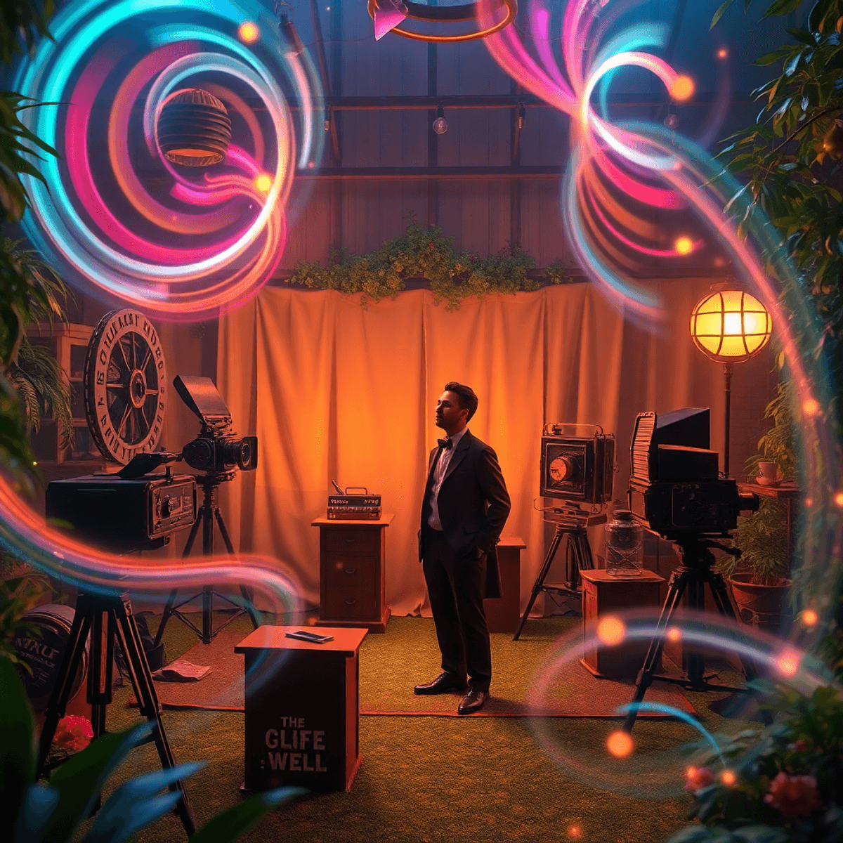 Vintage 1900s film studio in a lush garden with old cameras, lantern projectors, swirling creative light effects, and subtle silhouettes of a man a...