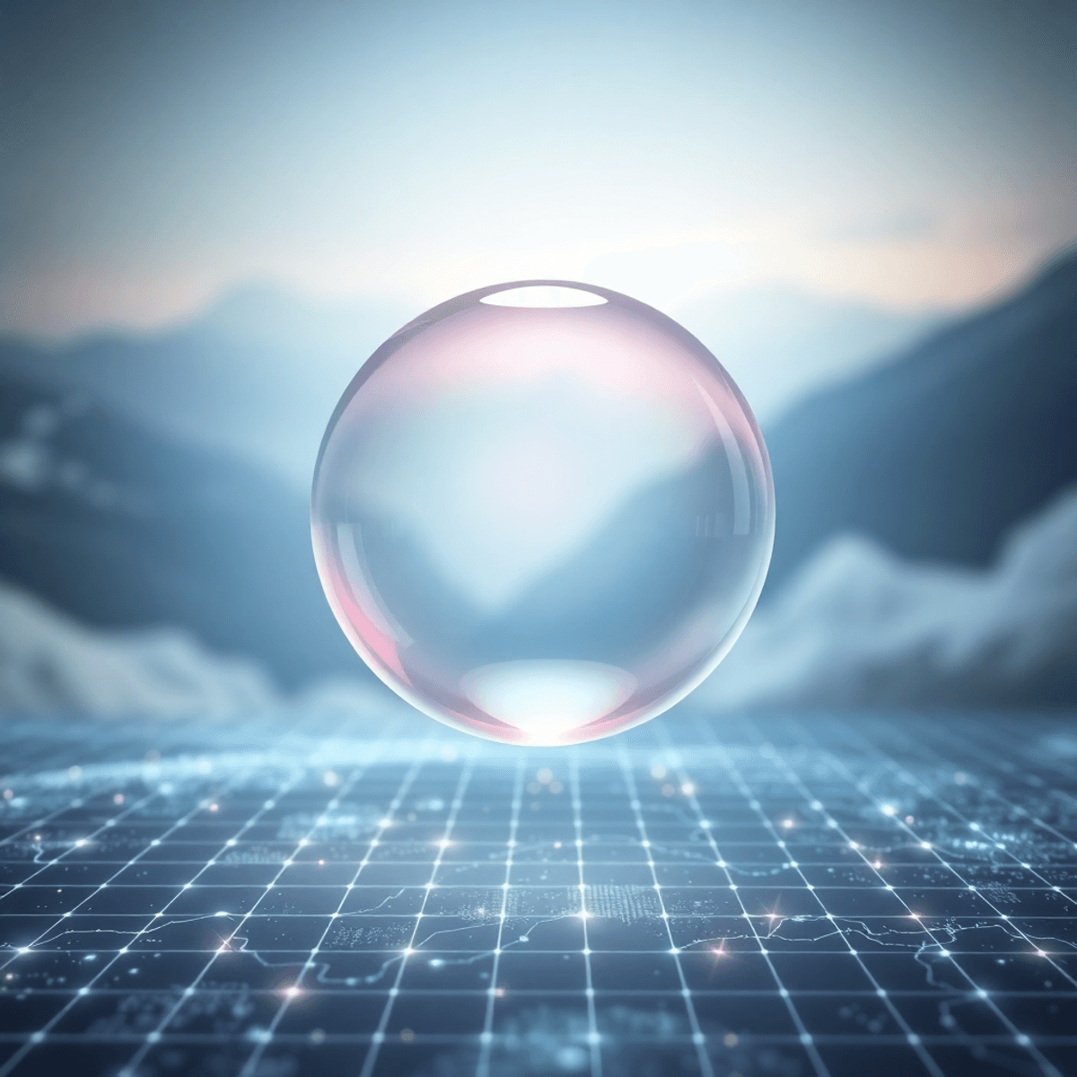 A glowing glass orb floats above a digital grid with a softly lit, nature-inspired background.