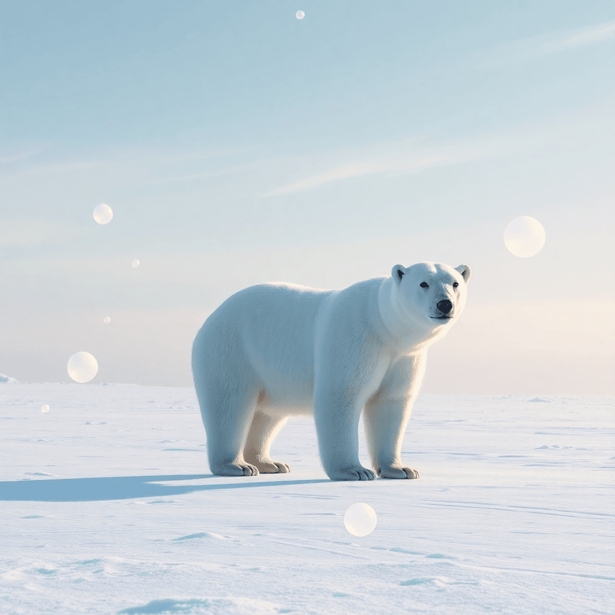 A majestic polar bear stands on icy Arctic terrain with glowing orbs and translucent geometric shapes, blending wildlife and virtual reality in a s...