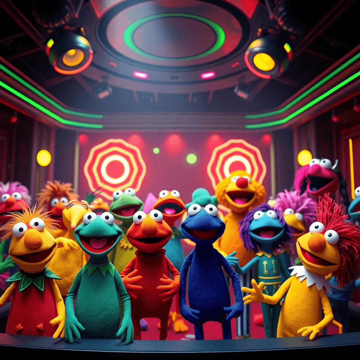 A vibrant virtual theater filled with colorful playful puppets and glowing abstract shapes in a futuristic immersive environment with dynamic light...