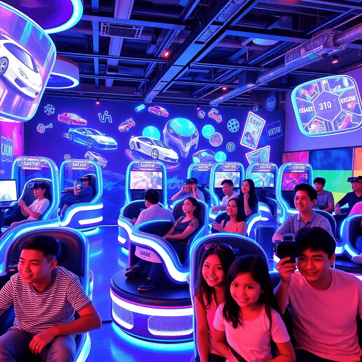 Futuristic VR arcade with glowing pods, 360° rotation seats, holographic game elements, and groups enjoying interactive virtual reality experiences.