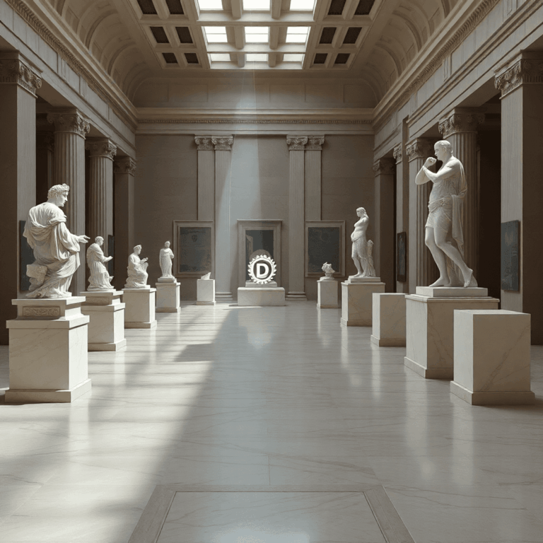 Interior of a modern museum gallery with classical marble sculptures, empty pedestals, and subtle holographic digital overlays suggesting immersive...