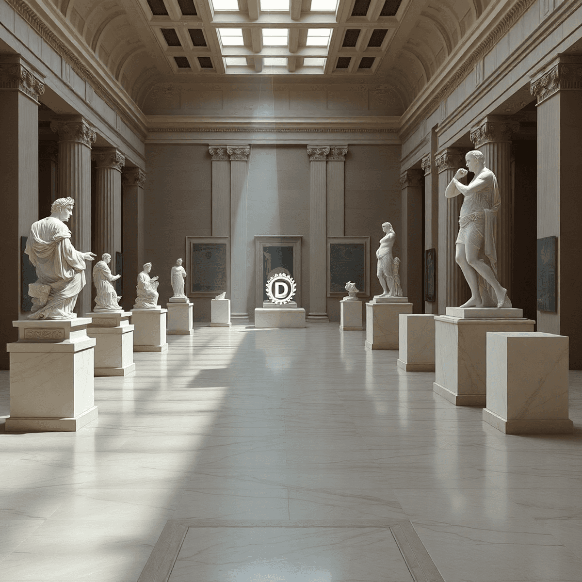 Interior of a modern museum gallery with classical marble sculptures, empty pedestals, and subtle holographic digital overlays suggesting immersive...