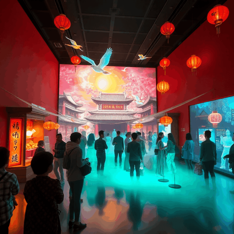 Museum interior with glowing AR effects showing traditional Chinese Spring Festival scenes, holographic markets, mythical figures, and engaged visi...