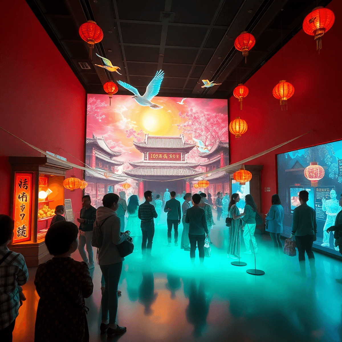 Museum interior with glowing AR effects showing traditional Chinese Spring Festival scenes, holographic markets, mythical figures, and engaged visi...