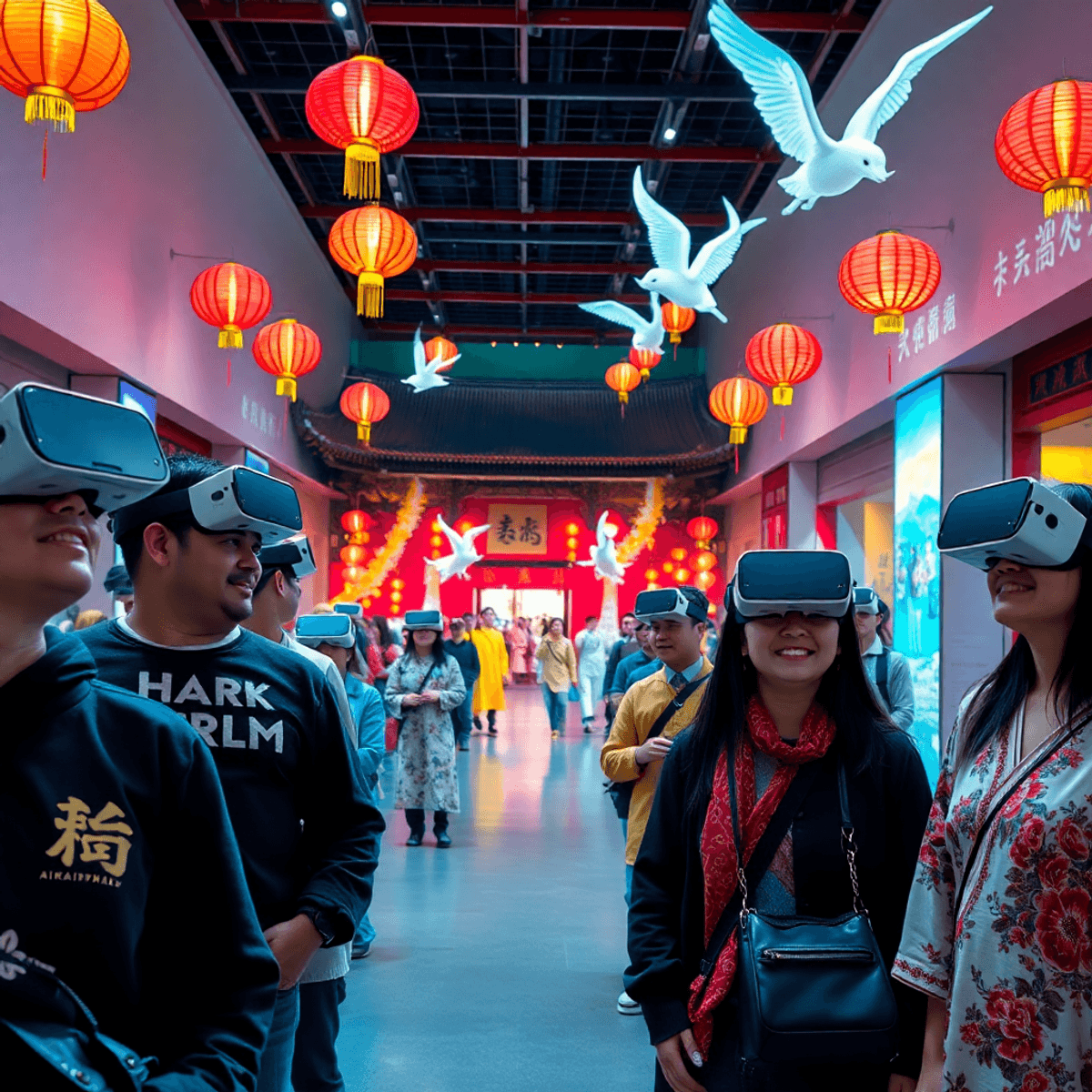 Museum interior with visitors wearing VR headsets, immersed in a vibrant ancient Chinese festival scene with lanterns and flying apsaras dancers.