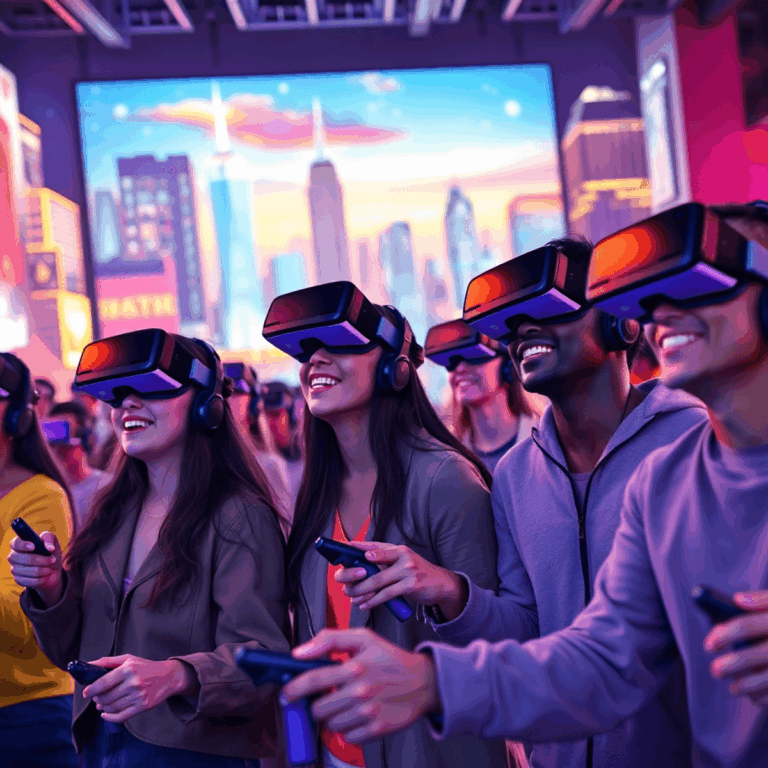 People wearing glowing VR headsets and motion controllers play multiplayer games in a vibrant arcade with a futuristic cityscape background.