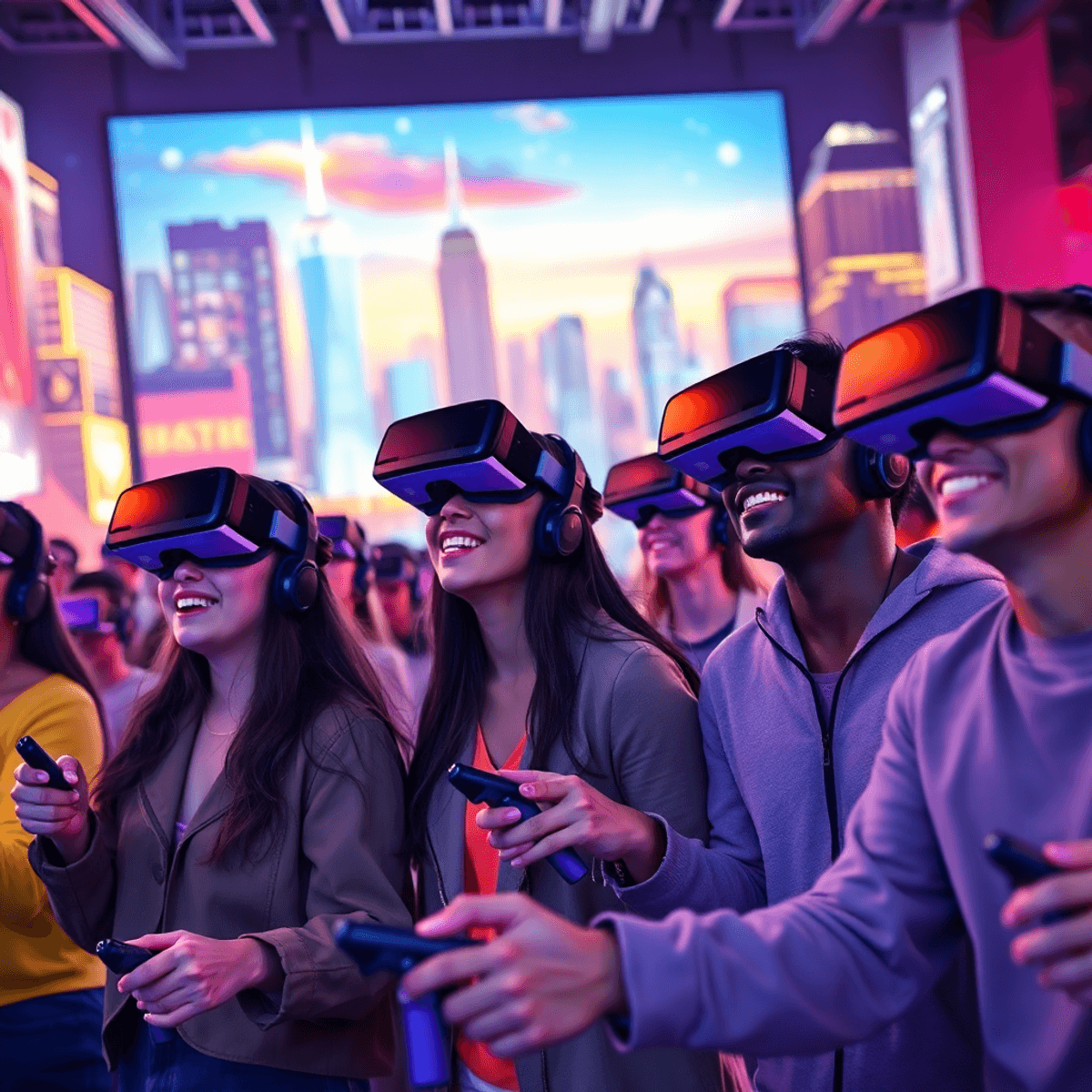 People wearing glowing VR headsets and motion controllers play multiplayer games in a vibrant arcade with a futuristic cityscape background.