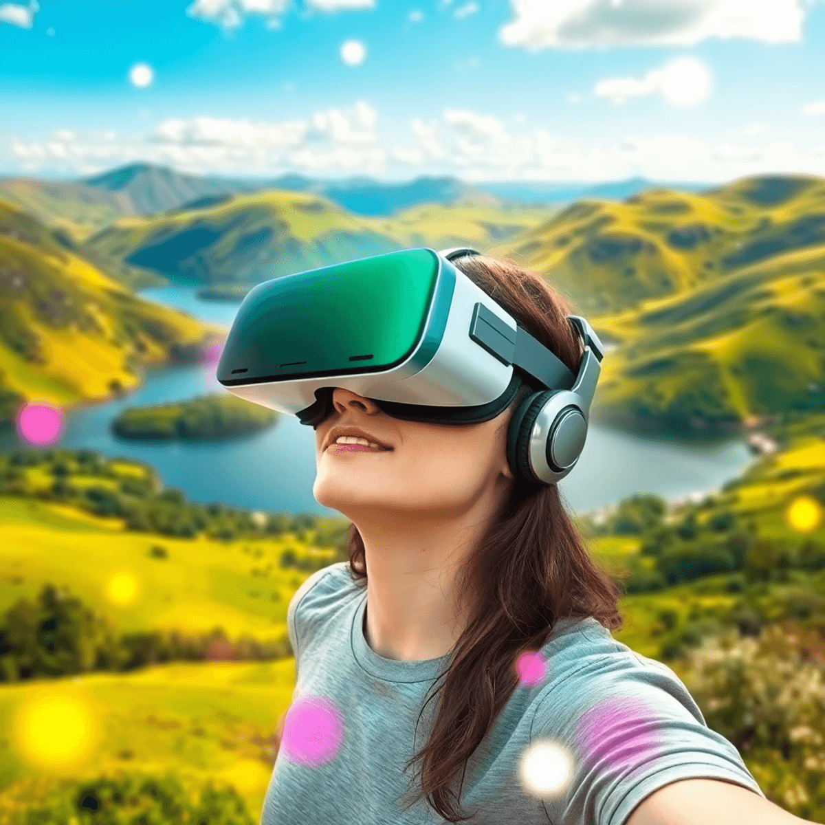 Person with VR headset immersed in lush green hills and lakes, surrounded by glowing abstract shapes blending nature and technology.