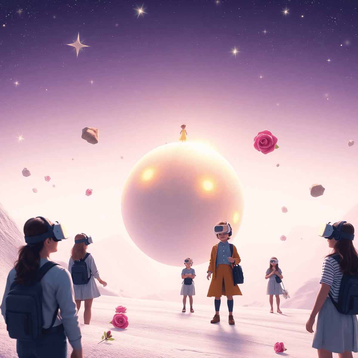 Players in VR headsets explore a glowing small planet with floating roses and asteroids in a pastel, dreamy space inspired by The Little Prince.