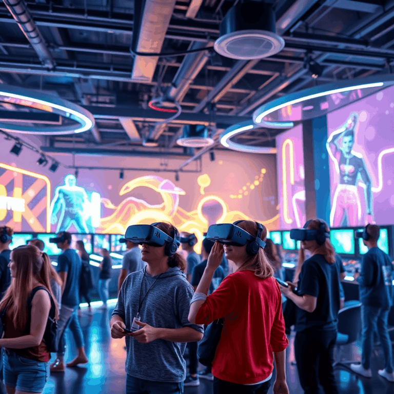 Players in a neon-lit VR arcade wearing sleek headsets, engaged in dynamic multiplayer games within a spacious, futuristic gaming environment.