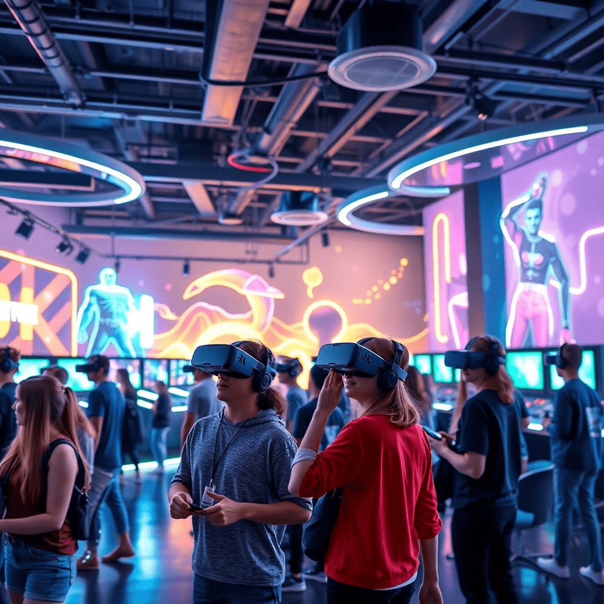 Players in a neon-lit VR arcade wearing sleek headsets, engaged in dynamic multiplayer games within a spacious, futuristic gaming environment.