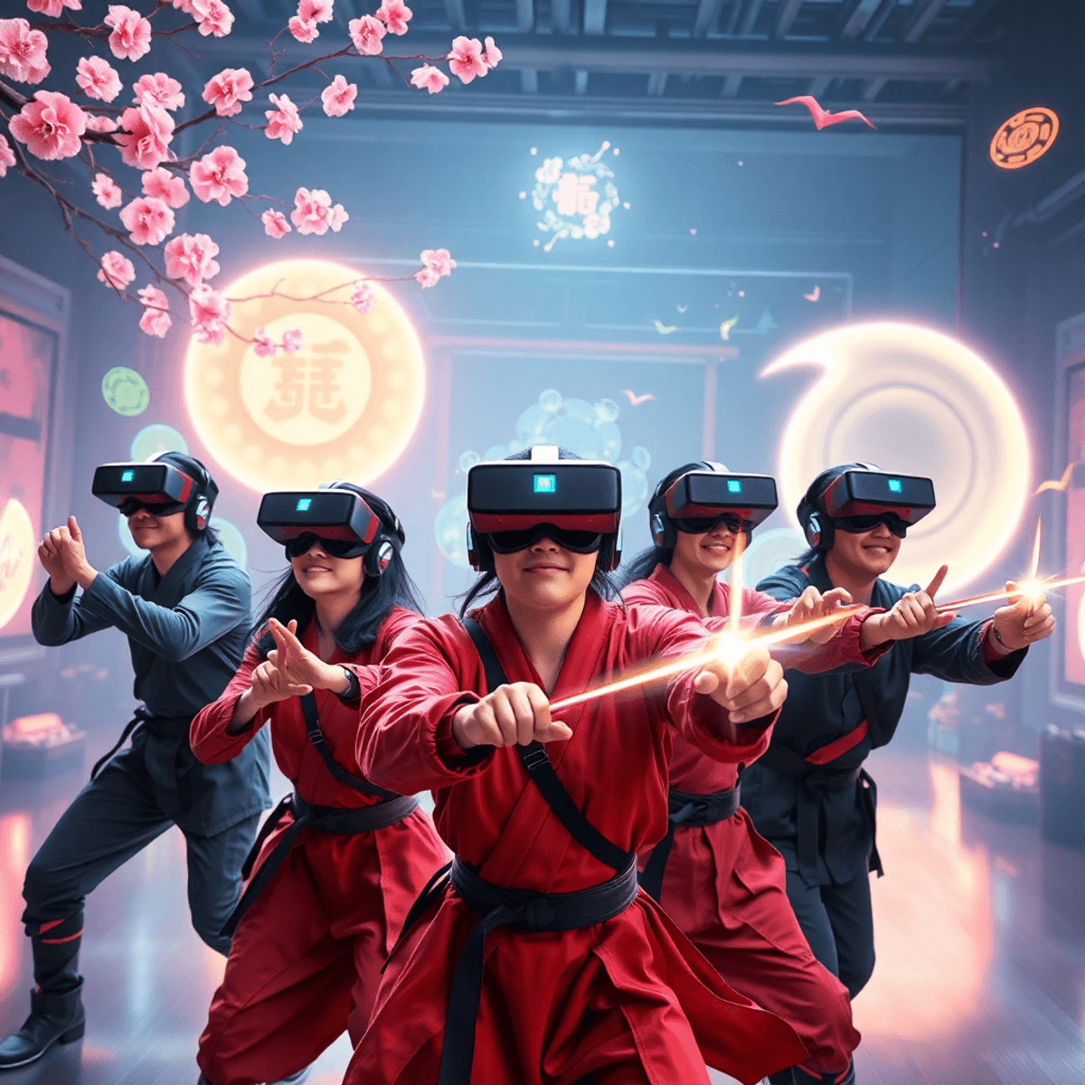 Six people in futuristic VR gear engaged in a ninja-themed virtual battle inside a high-tech arena with glowing shapes and traditional Japanese ele...