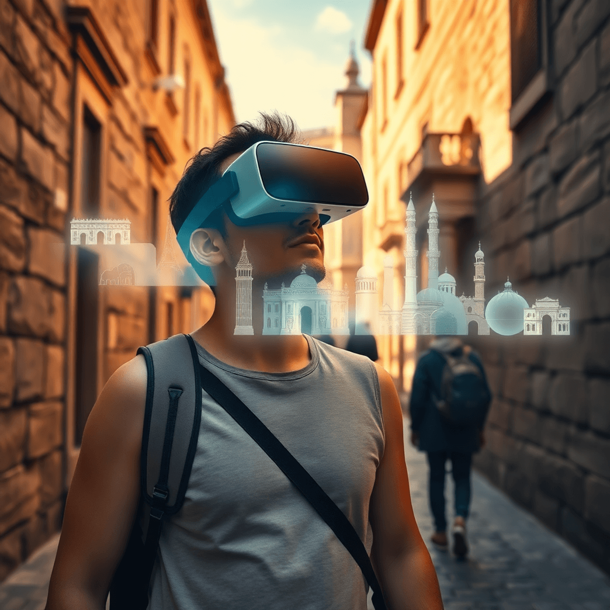 Tourist wearing a VR headset walks through an ancient city street with glowing 3D holograms of historical landmarks under warm sunlight.
