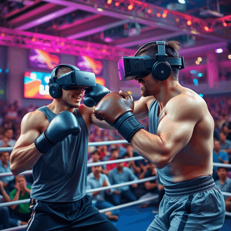 Two athletic men boxing in a vibrant esports arena, wearing futuristic VR headsets with colorful lighting and an excited crowd watching the intense...