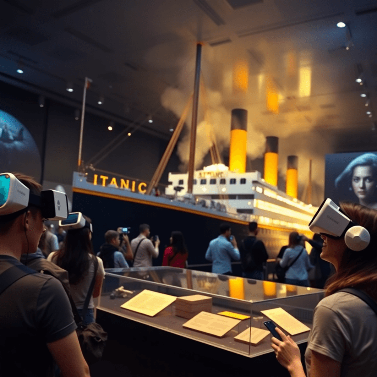 Visitors wearing VR headsets explore a detailed Titanic ship interior replica in a softly lit museum exhibition with historical artifacts displayed...
