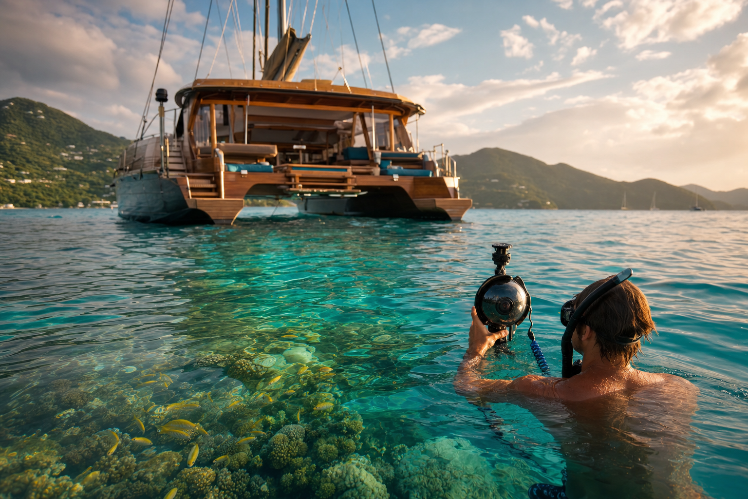 Caribbean reef and coastline seen underwater, the subject of the BVI Aquatic Experience 360 video