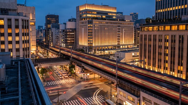 Elevated dusk view of a dense Japanese transit and retail district with lit buildings and a passing commuter train