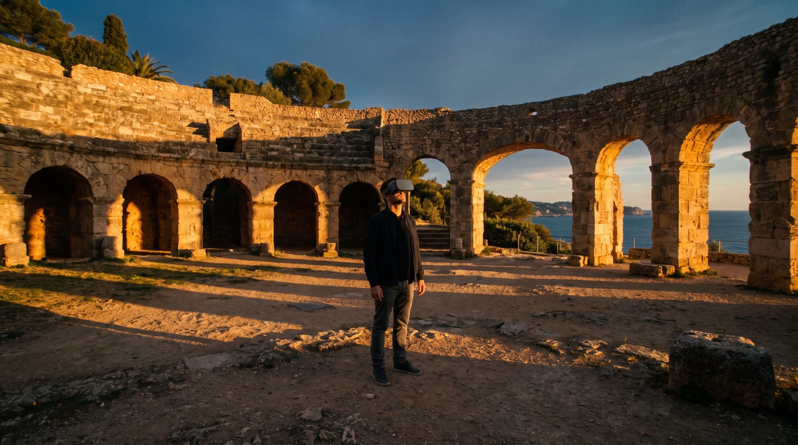 A visitor wearing a VR headset stands in an ancient Roman amphitheater at golden hour