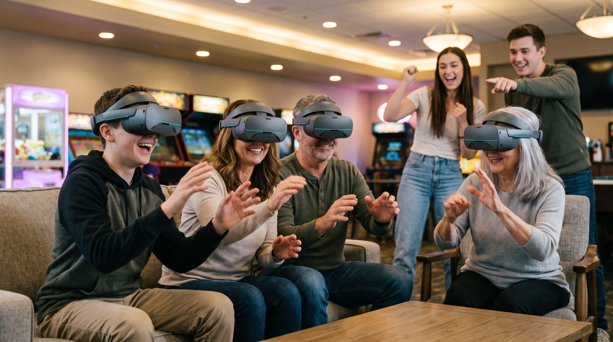A mixed-age group plays a mixed reality party game in a small corner of an entertainment venue, using their hands with no controllers