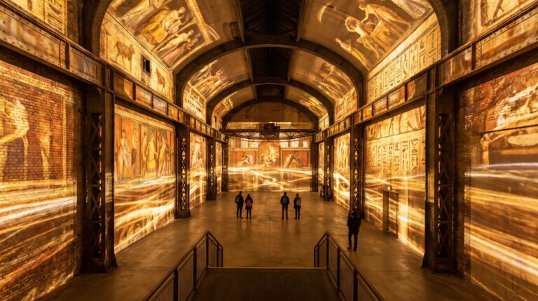 Visitors silhouetted inside a vast industrial hall filled with warm 360-degree projection-mapped classical imagery