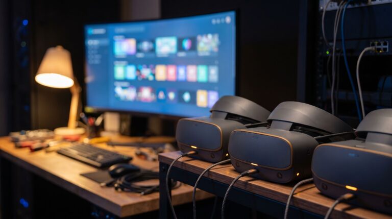 A row of VR headsets charging beside a dashboard screen in a VR arcade back office
