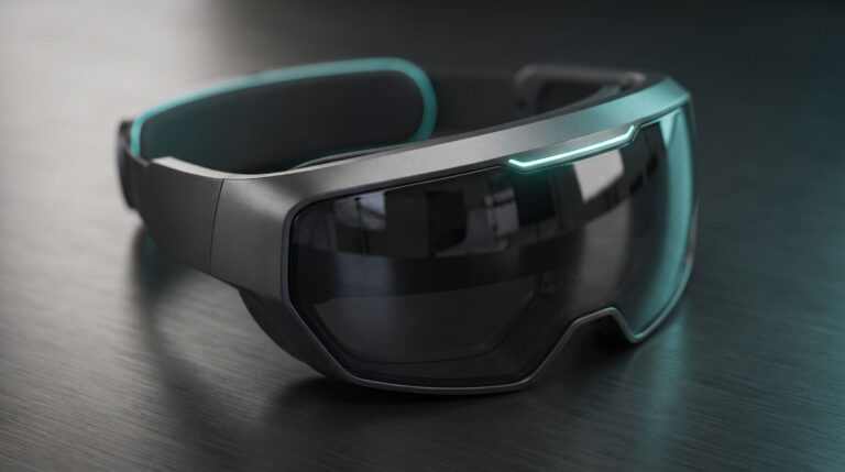A premium mixed reality headset concept photographed in a dark studio with teal accent lighting