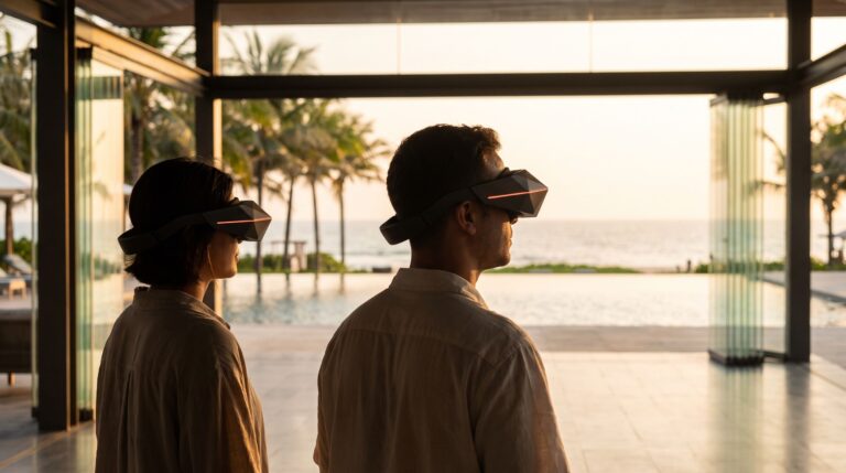 Resort guests wearing VR headsets inside a bright pavilion with palm trees and pool blurred behind them