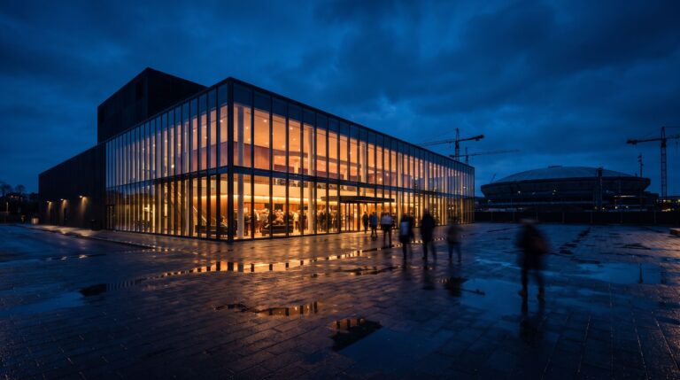 Blue-hour exterior of a new glass-fronted theatre building on a regeneration site with construction cranes and a domed arena behind