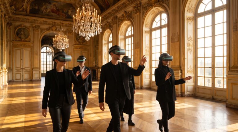 Visitors wearing XR headsets walk through a gilded palace hall as digital scenes overlay the historic interior