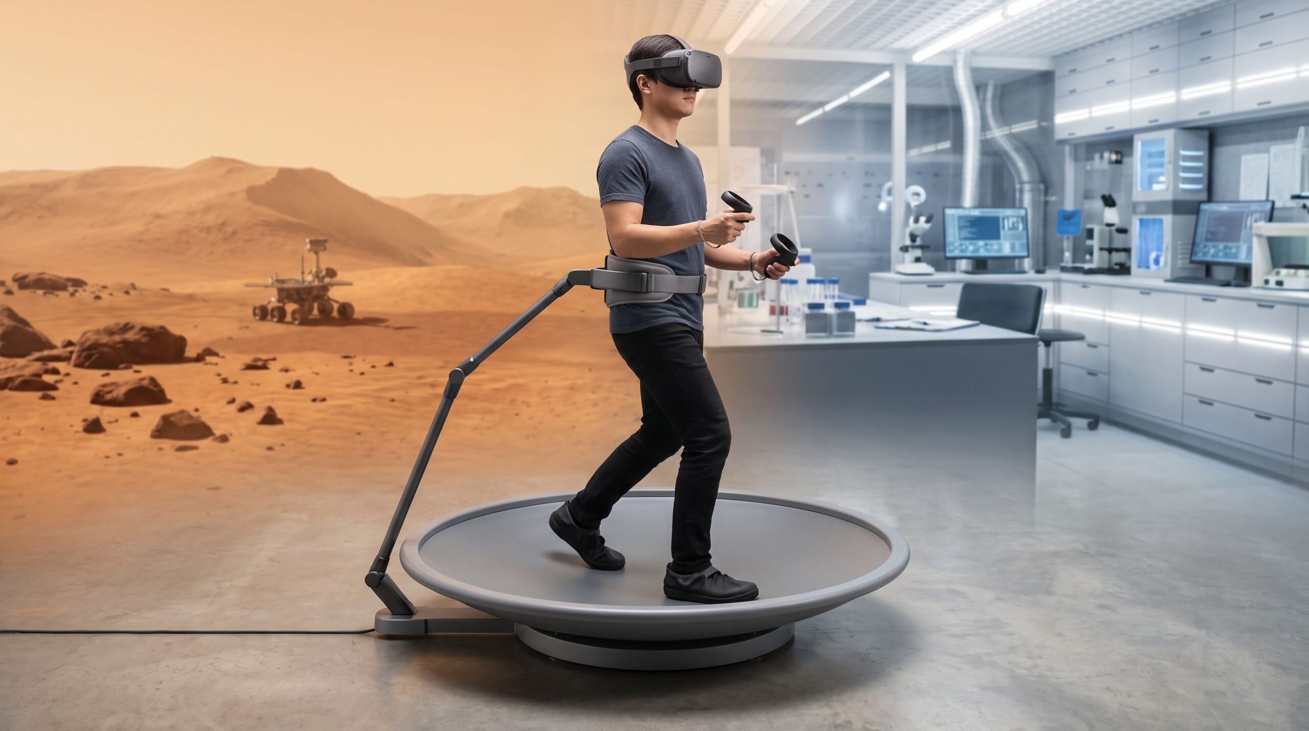 A person walking in place on a low circular omnidirectional VR treadmill with a single side support arm and waist belt, wearing a generic headset, against a split Mars-desert and research-lab background