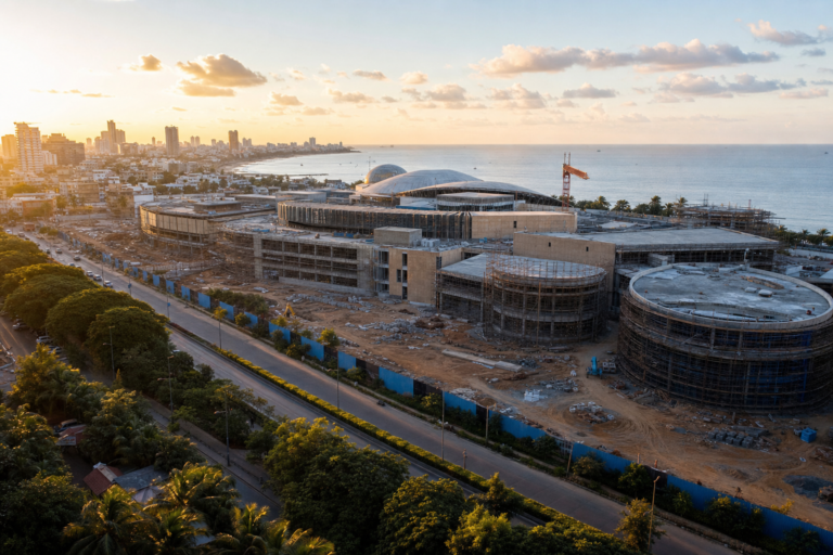 A large modern entertainment venue building under construction against a bright sky