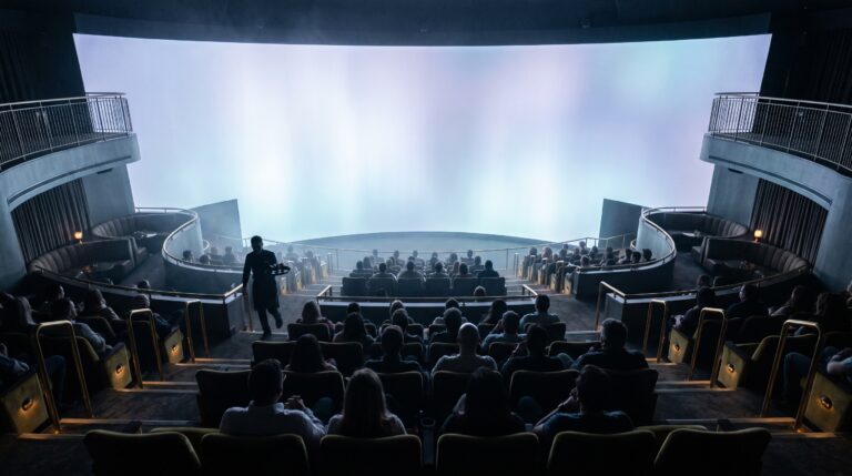 Rows of guests seated in a tiered auditorium, seen in silhouette from behind, facing a vast curved screen filled with a soft blue-white glow, with a server carrying a tray up an aisle between velvet seats.