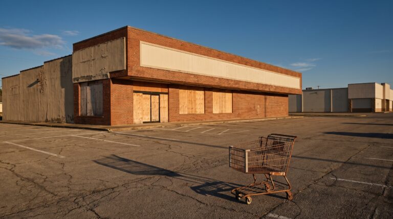 A closed single-storey brick retail building on a street corner in low evening sun, its windows and entrance boarded over with plywood and its long sign band left blank, with an abandoned shopping trolley in the empty cracked parking lot.
