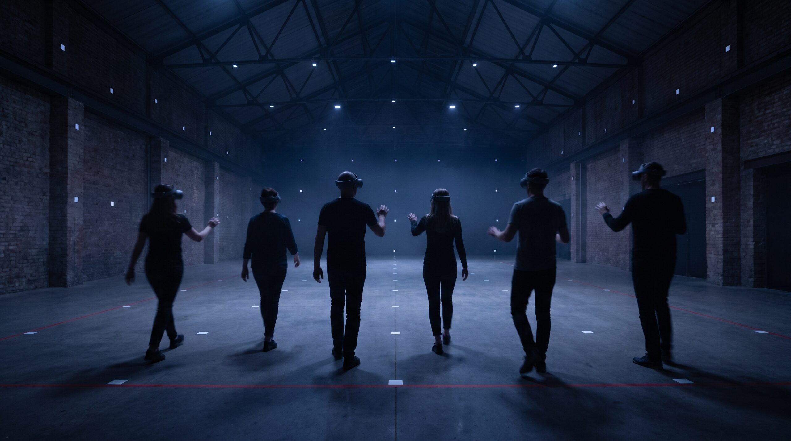 Six people wearing virtual reality headsets stand spread far apart across a dark warehouse floor studded with small white tracking markers, arms half raised, lit deep blue, with a red boundary line marked on the floor.