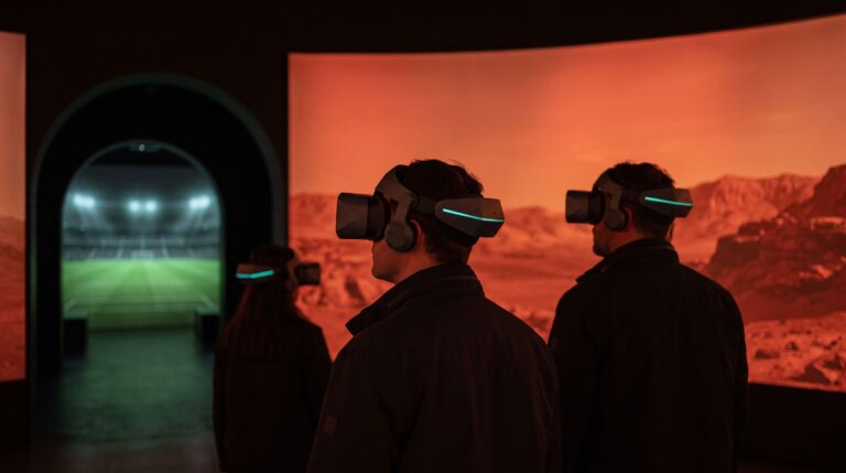 Visitors wearing VR headsets in a football club VR attraction inside a stadium museum, lit by a Mars-red screen