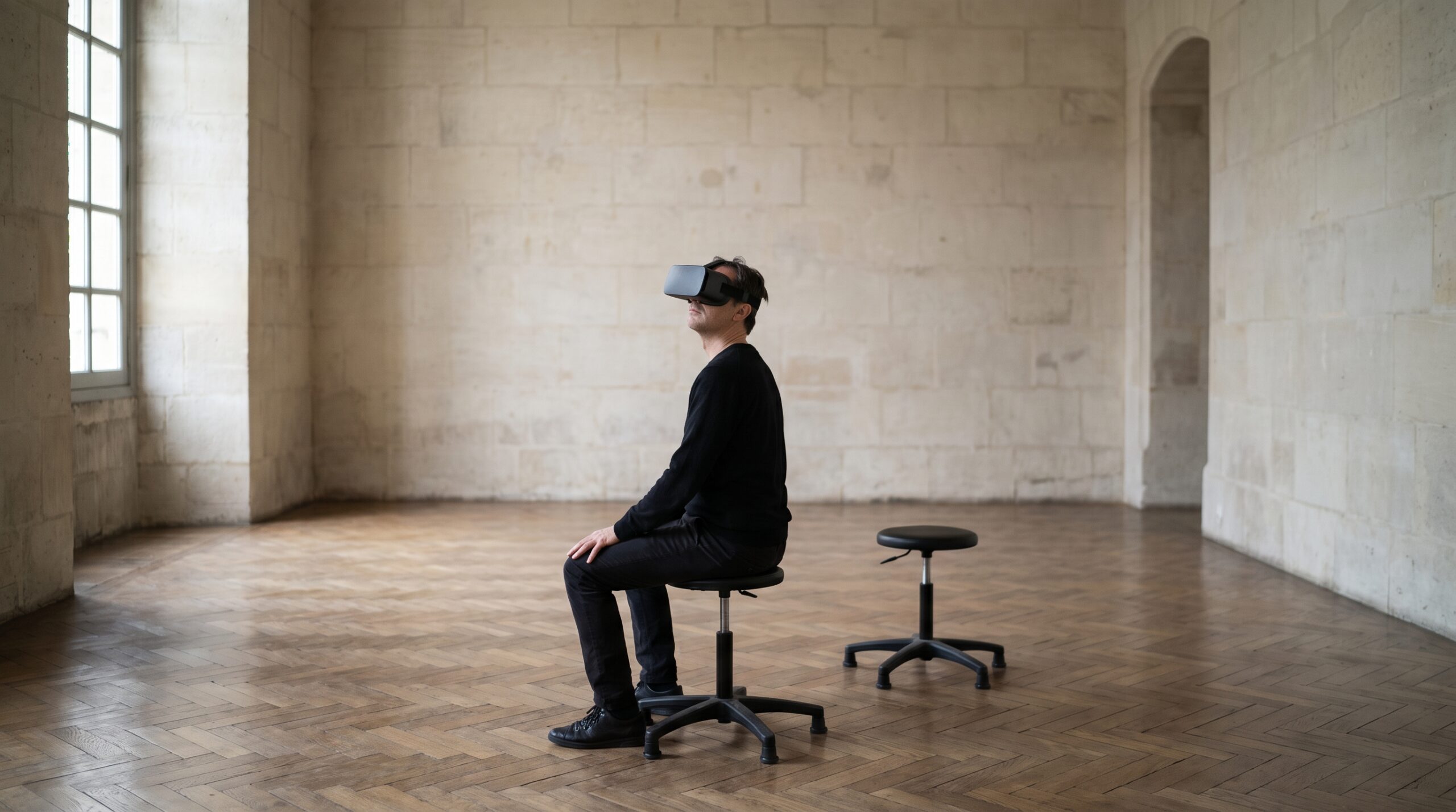A man sits alone on a low black swivel stool in the middle of an empty stone-walled gallery room with a herringbone parquet floor, wearing a plain dark virtual reality visor and tilting his head upward, with a second empty stool beside him.