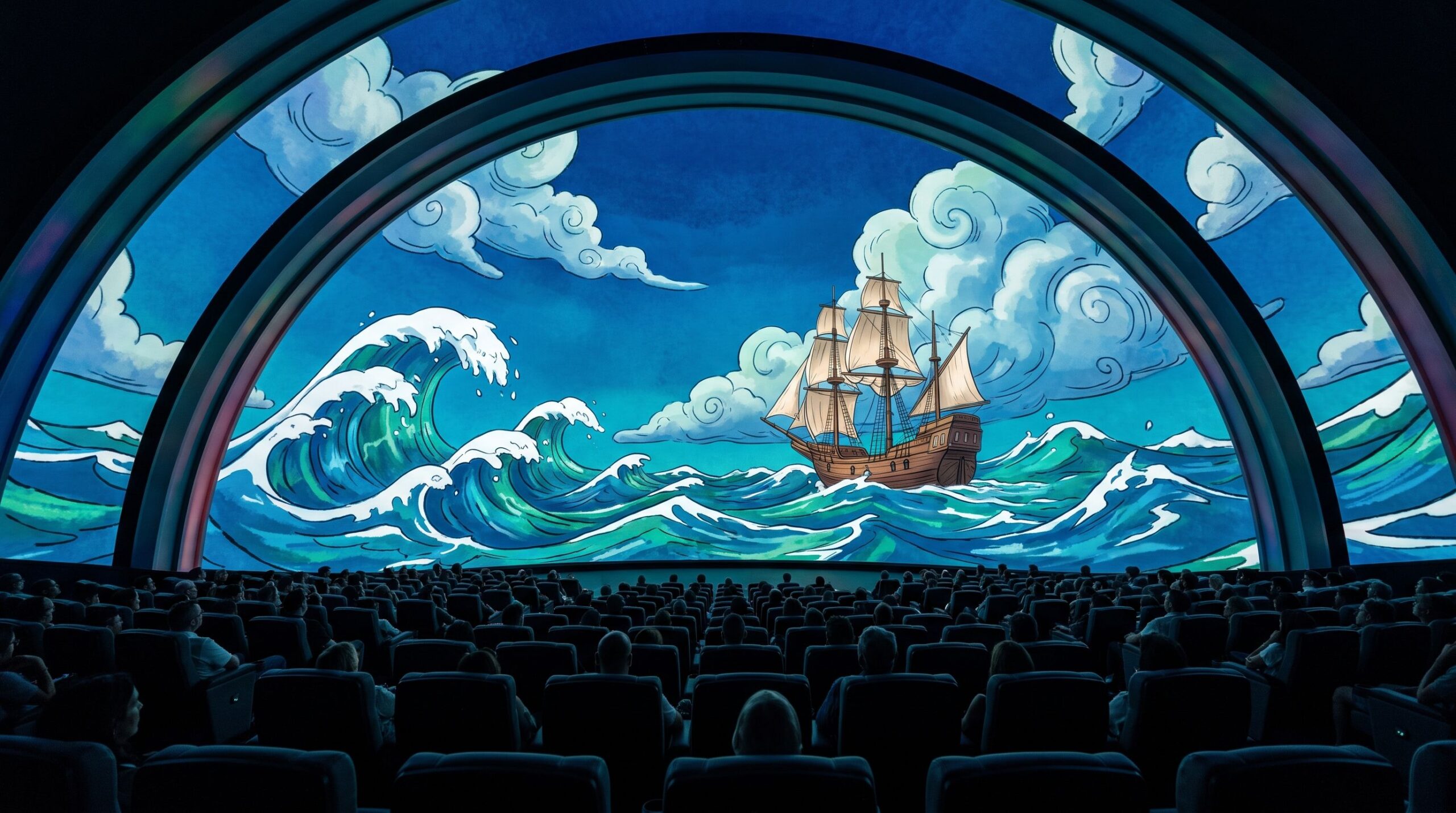 Crowd inside an LED dome venue watching an anime immersive experience of a stylized ocean and sailing ship