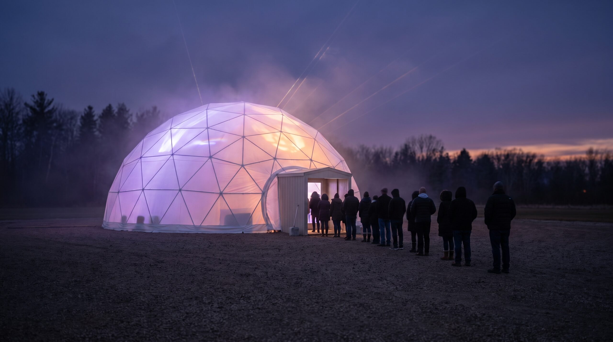 A large white geodesic dome tent glowing violet and amber from inside stands on a gravel lot at dusk, with a line of people in winter coats waiting at its entrance and a dark treeline behind.