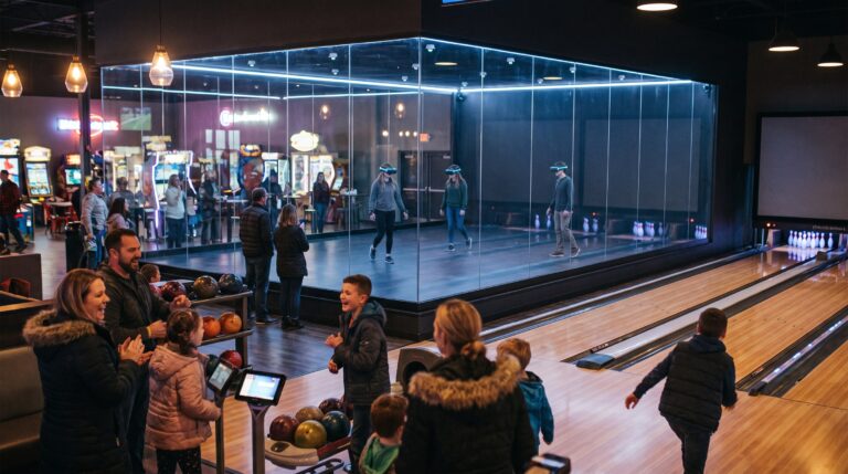 Guests bowling in a family entertainment centre while a group in VR headsets walks through a glass-walled free-roam arena behind them