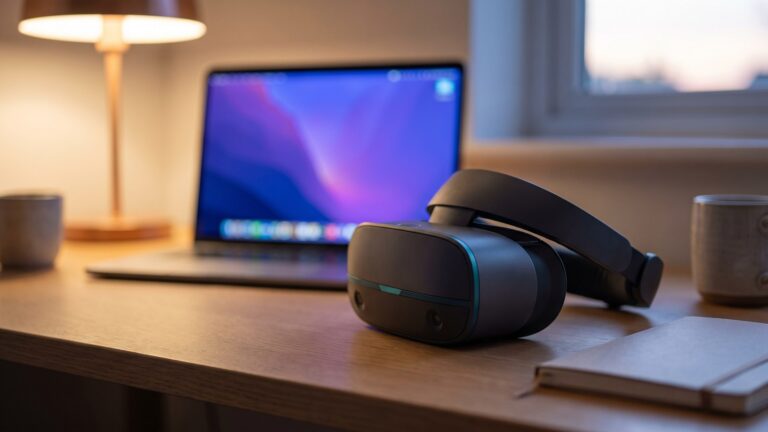 A generic charcoal-grey mixed reality headset on a developer's desk beside an open laptop, its screen out of focus