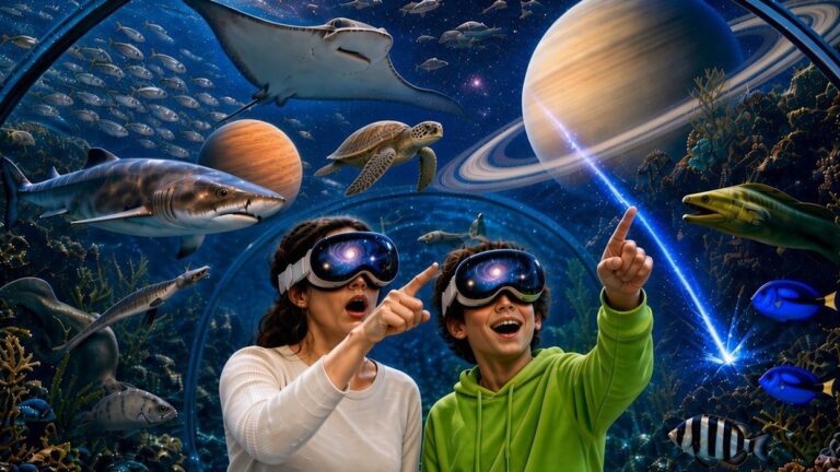 Two guests in mixed reality headsets point at planets, a shark, a ray and a turtle in AStation's promotional image for Cosmos at Ripley's Aquarium of the Smokies. Photo: AStation