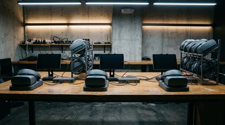 Three separate operator stations for three free-roam VR platforms side by side in a venue back office, each with its own tablet, headset dock and network switch