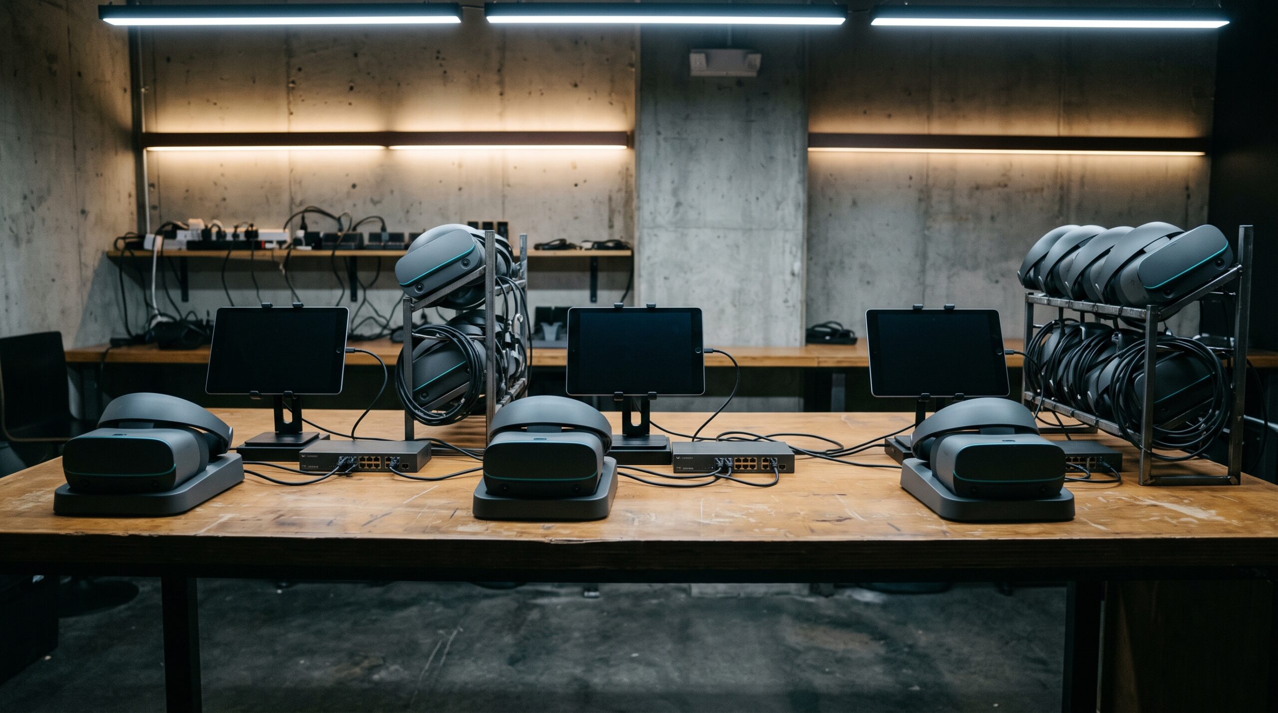 Three separate operator stations for three free-roam VR platforms side by side in a venue back office, each with its own tablet, headset dock and network switch