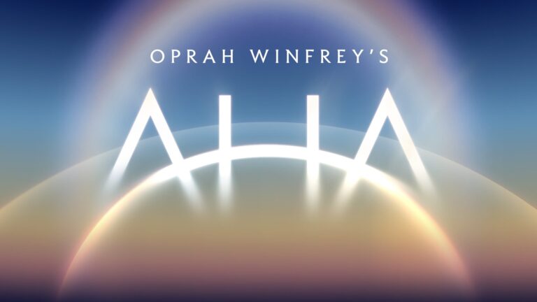 Title artwork for Oprah Winfrey's AHA at Sphere: the word AHA in white light over a glowing arc. Image: Oprah Winfrey's AHA