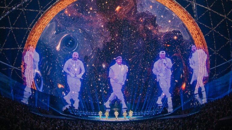 The Backstreet Boys on stage beneath the interior LED display at Sphere in Las Vegas. Photo: Rich Fury/Sphere Entertainment