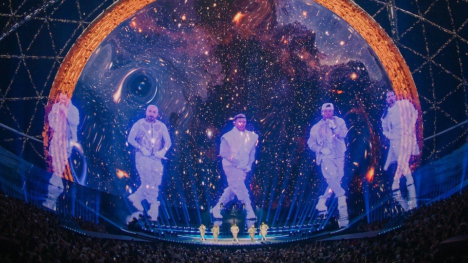 The Backstreet Boys on stage beneath the interior LED display at Sphere in Las Vegas. Photo: Rich Fury/Sphere Entertainment