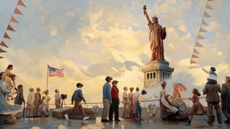 A Statue for Liberty key art: visitors in VR headsets walk among 1880s crowds on a ship's deck beneath the Statue of Liberty, from the museum VR experience at the Musée d'Orsay. Image: GEDEON Experiences, BackLight, Musée d'Orsay, VIVE Arts